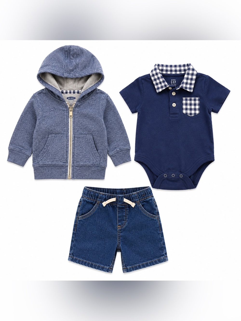 GAP Baby Boy 3 Pc Outfit Hoodie Polo Bodysuit Denim Shorts 18-24M